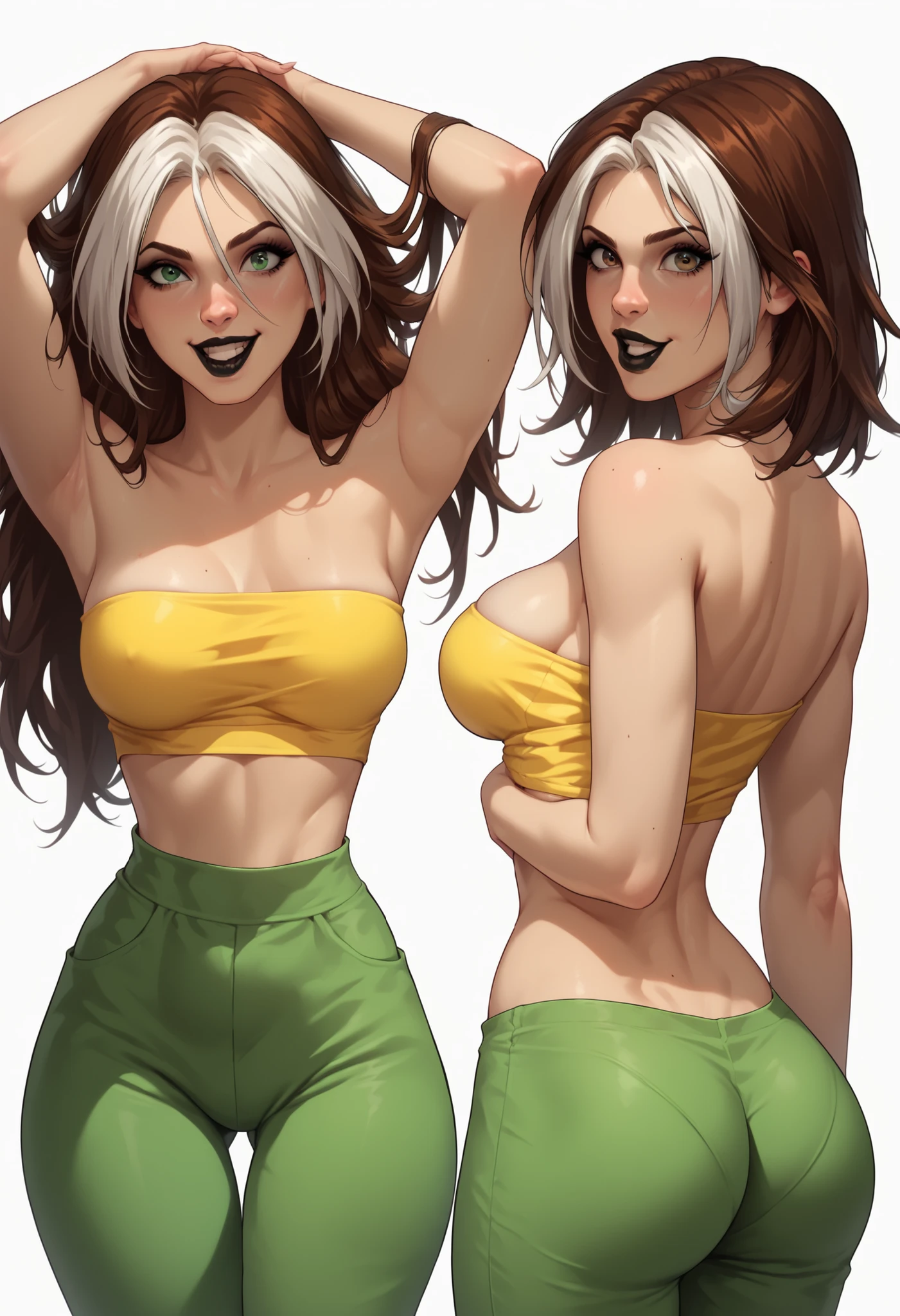 ((White background)) rathing_questionable, , score_9, score_8_up, BREAK, perfect face, 1 girl, rogue, multicolored hair, brown hair , brown eyes , white hair , black lips , green eyes , (yellow tube top:1.4), (Green pants:1.2) ((breasts:0.4)) , , sexy ass , sexy leg ((thin:1.2)) ,excited