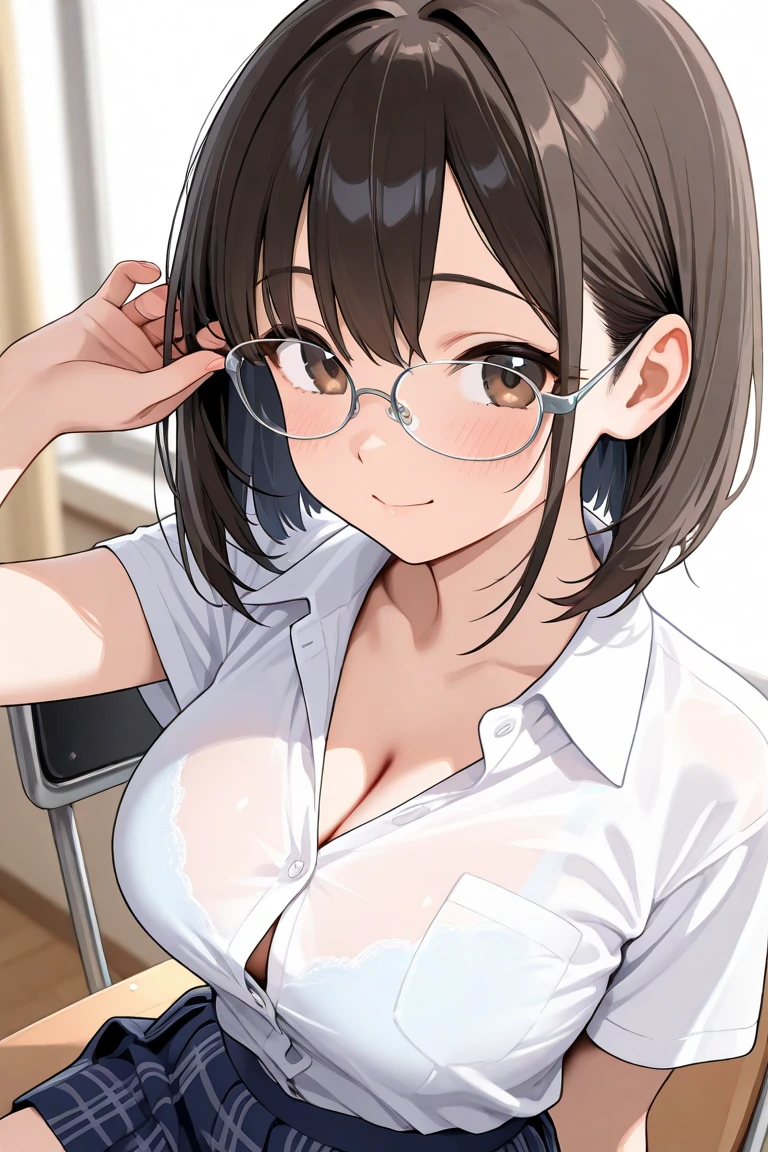 ((highest quality、Masterpiece、High resolution))、(((Zoom photo of upper body:1.95、Looking up、、Glasses、Idol、Beautiful Skin、semen、Wet body、Wet Hair、Nurse uniform、Cute Smile:2.5、Cleavage、Large Breasts、hospital、Black Hair、short hair)))