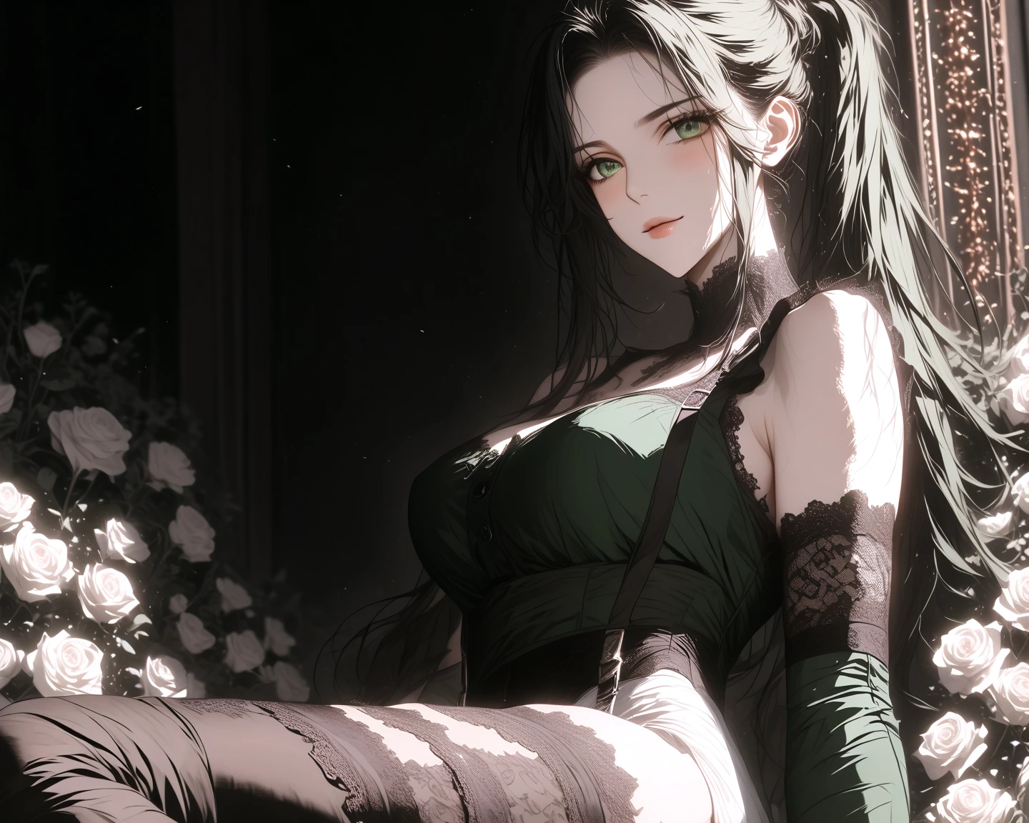 (Full Shot), absudres, Cinematic film, 8K, deep shadow and colors, a woman, ((Green hair)), Green eyes, Natural lipstick, (Photorealistic Human Body),
Natural volumetric lights, soft ligthing,
masterpiece, Realistic, highly detailed woman, sharp focus, (high detailed face), (high detailed skin), natural skin tone, extremely detailed eyes, ((Messy Hair Bun)), ((Medium breasts)), wearing a BWHRPCostume, Harness <lora:BWHRPCostume:0.7>
(sensual pose, on Boudoir Armchair)
award winning photo, by Justin Hogan Panavision Panaflex Millennium XL2, ARRIFLEX 416. Lenses, Panavision PVintage,
rich colors hyper realistic lifelike texture