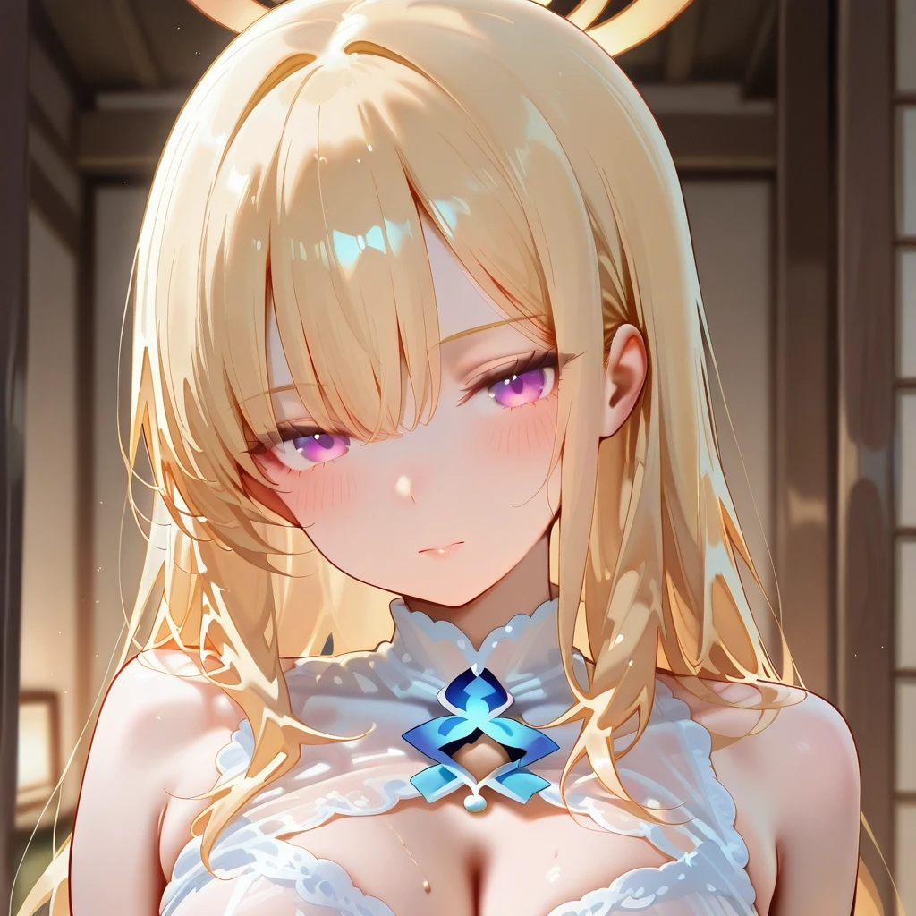 Realistic and detailed image of rabbit ears、Extraordinarily shiny, long, silky blonde hair、blue eyes、She has moon earrings and long eyelashes.、She has plump lips、 Large Breasts、Slim Waist、She is sleeping in bed、Starry Night、Completely naked、tits、One woman