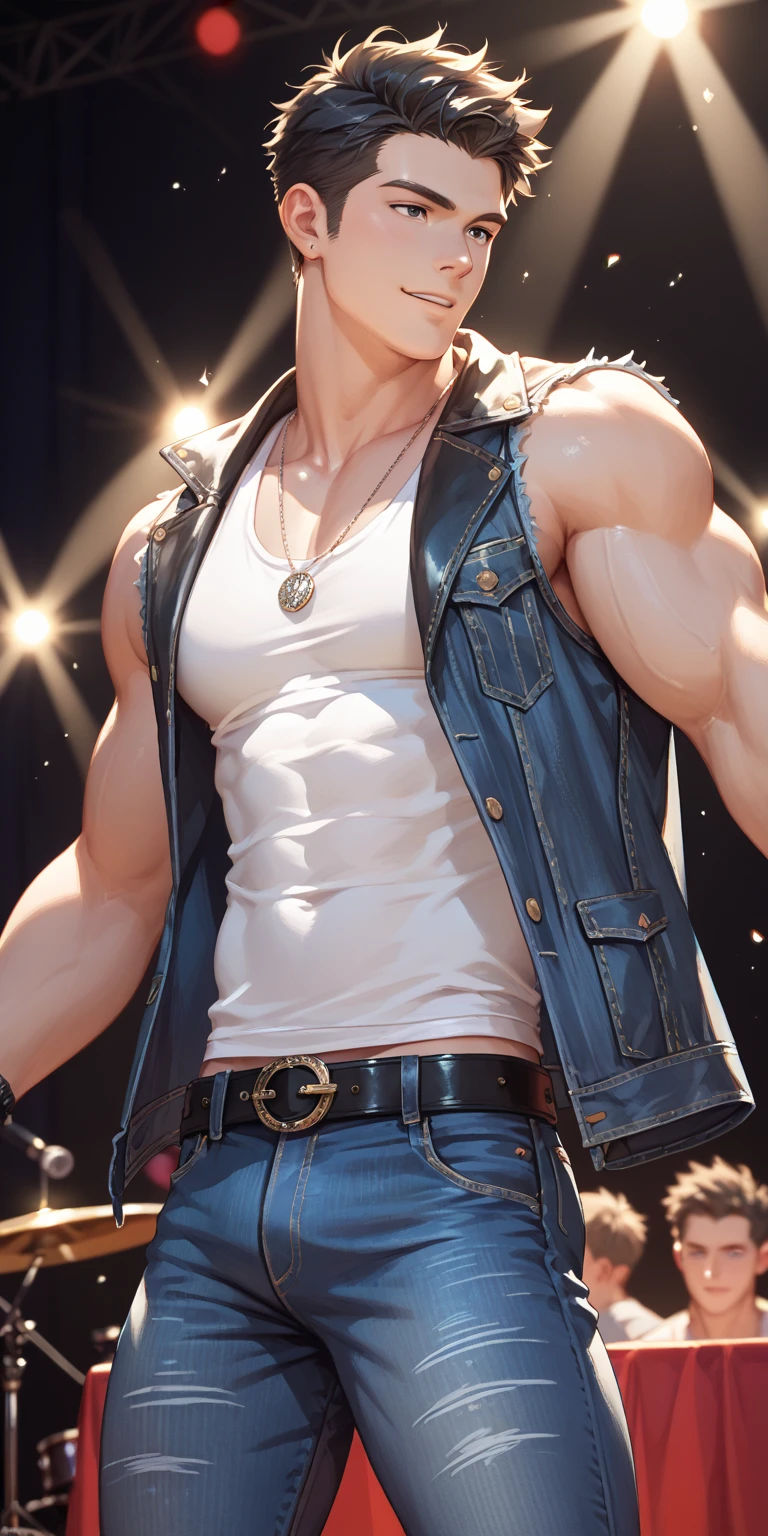 solo, furry doberman, muscular body, handsome, veins, earring, tattooed left arm, shirtless, wearing jeans, red shoes, playing electric guitar, projectors