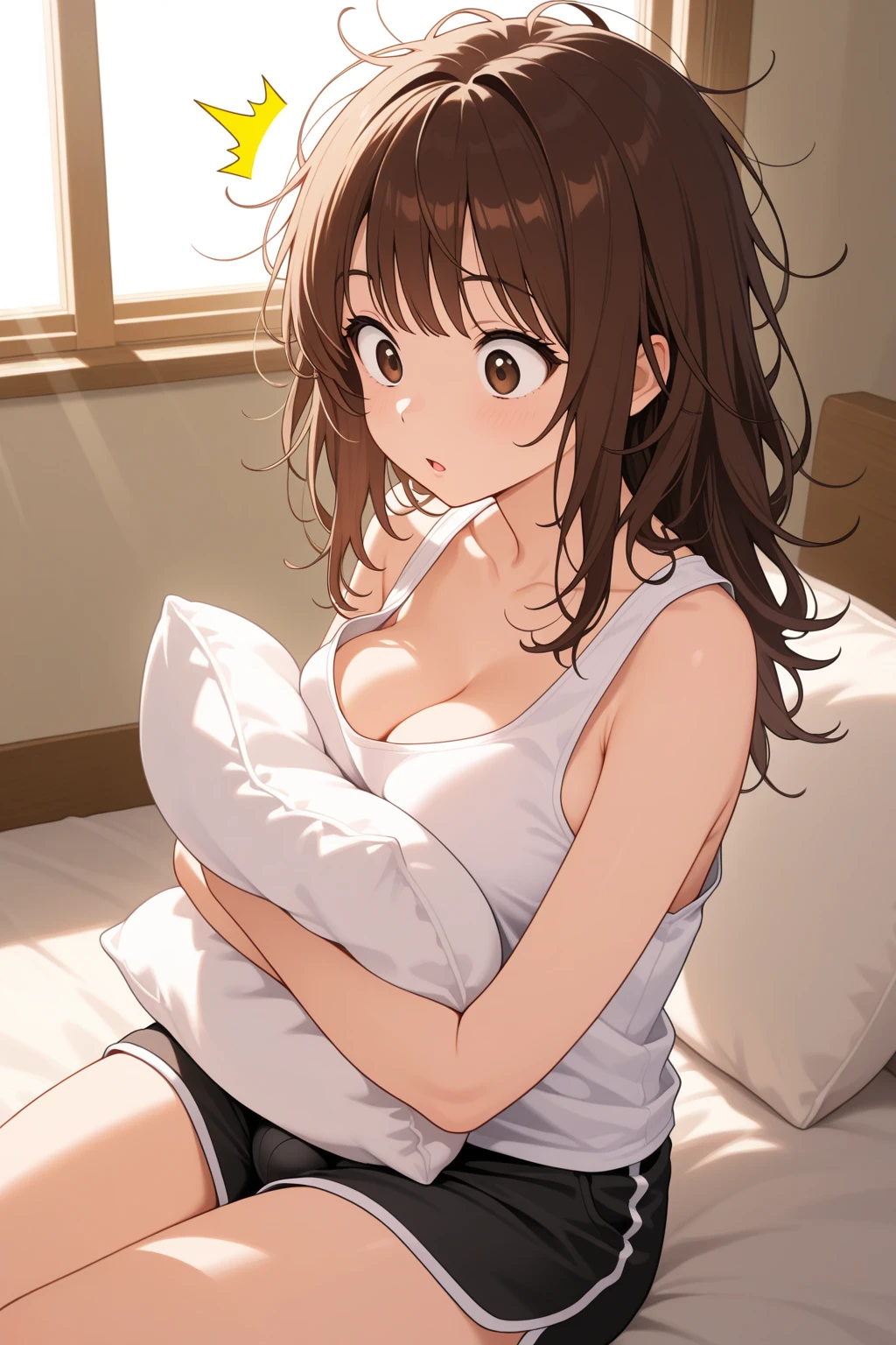 ((super high quality,Ultra-high resolution,16K,super masterpiece,Ultra HD ,Detailed shading,))A seductive mother,popped Tight collar White shirts,Naked shirt,Cleavage,Folded sleeves,Not wearing,Smile,blush,A small amount of drooling,Sweaty,Western-style room with morning sunshine,Lying in bed,One hand groping her breast,Spread your legs,Open your private parts with your fingers,Love juice gushes out,Full body photo,Shooting from above,