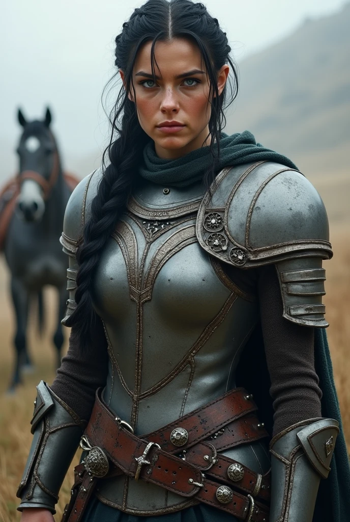 medieval, muscular warrior woman, black hair in a single braid, tan skin, blue eyes, long sword sheathed at her waist,  plate armor, grey horse in the background
