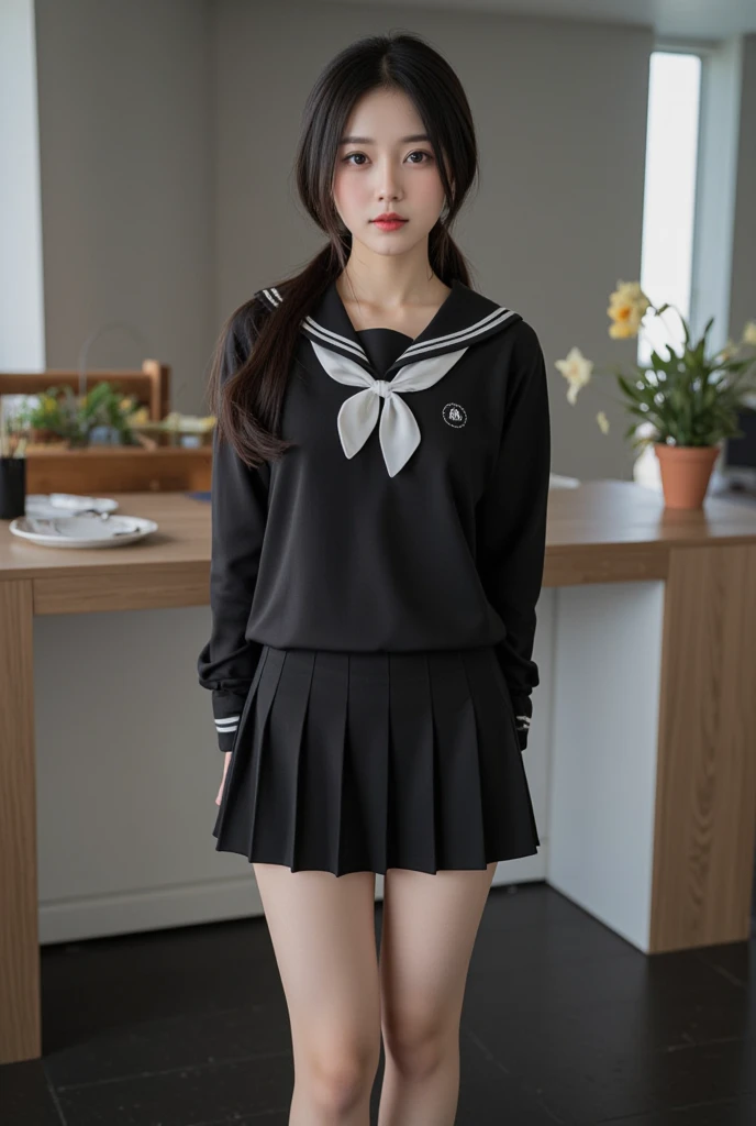 ((highest quality、8k、masterpiece:1.3)),((((fullbody shot)))),Ultra-high resolution,big eyes,Japanese,bangs,(a girl),(1 girl),((20 years old)),((facing at viewer)),(long hair),(((black sailor uniform))),grin,((sitting on chair)),(pleated mini skirt),(((pussy))),((pubic hair)),((skirt lift))