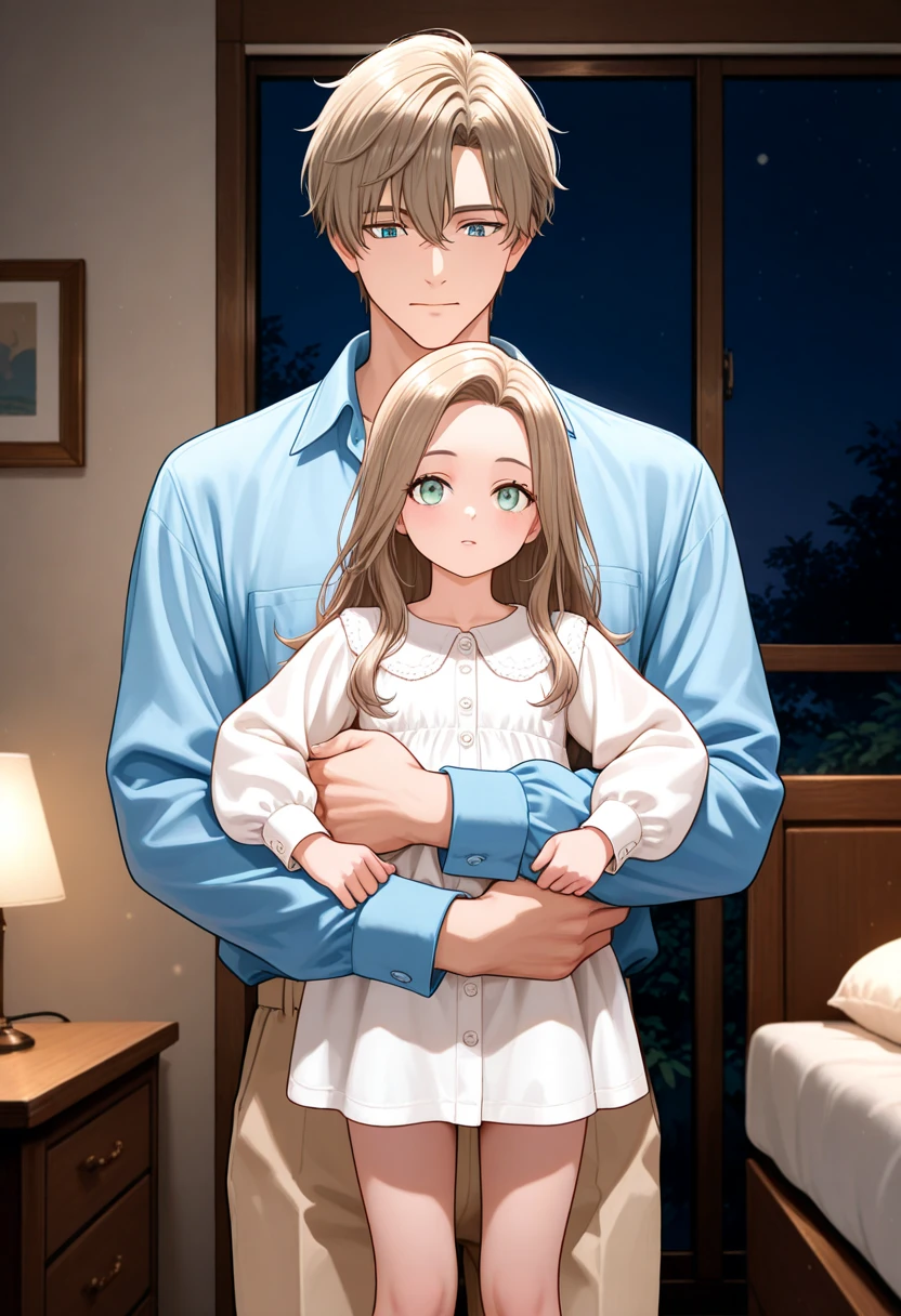 Ультрадеталandзandрованный,masterpiece,Best quality,женщandна_and_boy, (mini boy, boy),,t-shirt boy,longhair женщandна,large breasts женщandна,longdress женщandнаlooking each other,blush, прandседая