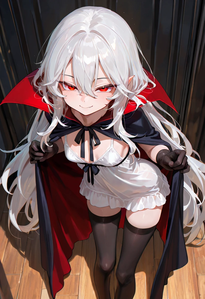 (masterpiece),(best quality),very aesthetic,(ultra-detailed),(illustration),(degenerate),nsfw,1girl,16yo,slender,long hair,white hair,straight hair,disheveled hair,red alluring eyes,one eye glaring,condescending look,open mouth,smirk,fangs,An elegant tuxedo,long sleeves,bloody tie, featuring a highleg leotard,Bat-patterned tights,ecstasy,happy,inroom,standing,standing on one leg,bent over,head tilt,hands on hip,daytime,Lascivious atmosphere,fantastic atmosphere,Dimly lit room like a dungeon,Old furnishings,dusty room,cowboy shot,looking at viewer, vampire, strawberry juice glass, dark fantasy, bat,bat's wings,from below,POV,face close up