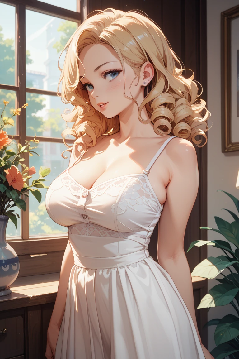 (Blonde stunning hair), (blue eyes), blue necklace, Golden earrings, Fit, Gorgeous Body, gorgeous, brown eyebrows, (two moles over lip), big pupils, (23 years old), 1girl,solo, complex skin, warm light, (large breasts), wide thighs, round butt, 5 fingers, ((blushing)), ((detailed face, best quality)), ((masterpiece)), ((ultra-detailed)), (beautiful detailed eyes), red lip, eyeshadow, beautiful face, long hair, very detailed eyes, intricate details in eyes, perfect lips, good lighting, cleavage, ((smug face)), hot revealing clothing, ((showing off cleavage)), (sitting with knees folded on bed, short white socks, feet up, feet focused, smirk:1.4), (full body , from below, pov:1.5)