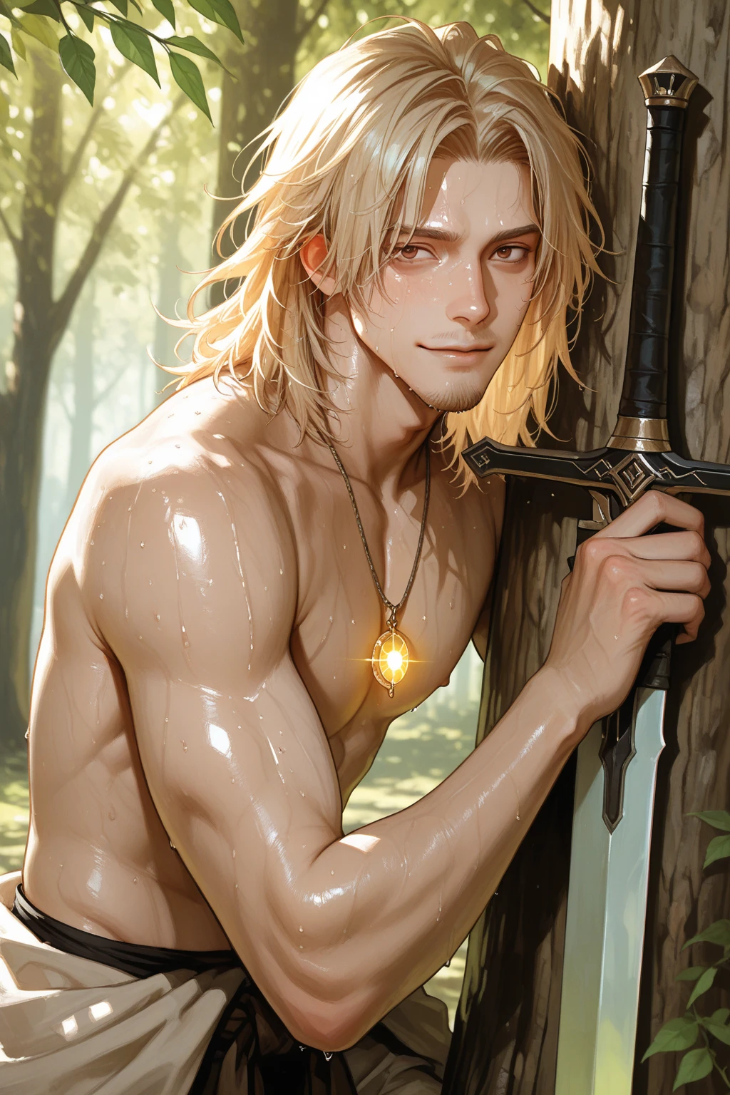 (Ultra detailed quality: 1.5, 8k photo, Ultra HD photo, Sharpness: 1.5, Super detailed photo sharpness, Super high resolution), 1 guy, Super handsome, The most beautiful boy in the world , Beautiful male model, Attractive male lead 18-22 years old, (Blonde hair: 1.5), Natural skin, smooth, Cute, Korean, Transparent white shirt, ((No shirt) ), Six-pack abs, Firm abs, Hairless, White panties, ((White shorts)), Summer, Green field, Green grass, Trees, Flowers, Blue sky, White clouds, Light.