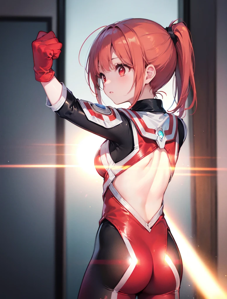 Super close-up,highest quality, ultra detail, High quality CG drawing, The most delicate and beautiful, Floating gently, High resolution, (1 girl), (Highest image quality,4K,8K,masterpiece:1.2),(all red hair:1.5),(short bob:1.5),(red eyes:1.5), (ultra girl :1.0), (All red Ultraman bodysuit:1.4),slightly bigger breasts,red gloves,(Turn your back to your audience:1.3),butt,Upper body