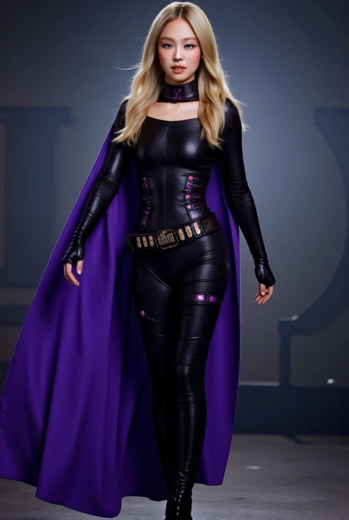 a vibrant professional studio portrait photography, masterpiece, 1girl, solo, blonde hair, jewelry, jacket, necklace, parted lips, realistic, full body, white background, looking at viewer, long hair, lips, blonde hair, hair over one shoulder, heavy emo eyeliner, purple eye iris, blue corset dress, blue cape no hood, knee length black suede boots, dark pantyhose, golden gauntlets, relaxed standing pose, 50mm, viking vibe