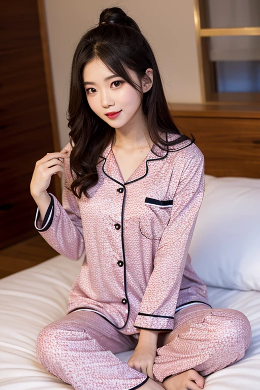 A 20-year-old woman with a cute, baby-faced face like a 15-year-old idol　Gentle and cute　Laugh gently　pajamas　Underwear is visible　Large hotel terrace　RAW Photos　Genuine　Ultra-realistic　High definition　Raw photo