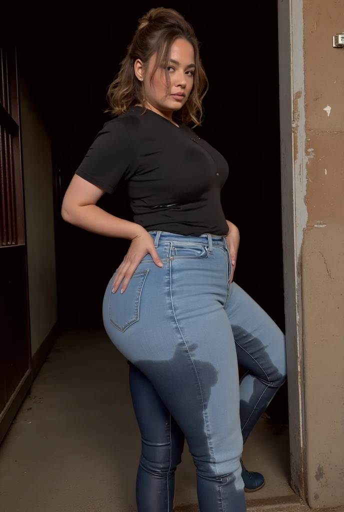 ((Overweight)) ((chubby)) Kelly Clarkson, long brown hair, small breasts, wearing light blue jeans, black t-shirt,  white converse runners, subject is standing outside (((full body shot))) (((full length))) (((view side on))) (masterpiece) ((cinematic look)) —v 4