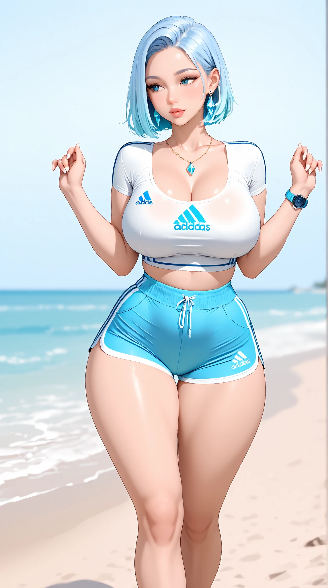 An arabic woman, wear silk hijab, face veil, soccer jersey with an open cleavage, micro shirt, visible lace bra, visible thing strap, 7inch high heel adidas sneakers, collar jewelry, gloves, make-up, glossy pucked lips, polished lilac nails, belly piercing، body tattoos, standing in front of phone boot, raising her hands up, posing in a provocative way, a dog beside her, urban artstyle, big natural breasts, big rounded ass, tight wrist, curvy hips, open mouth,