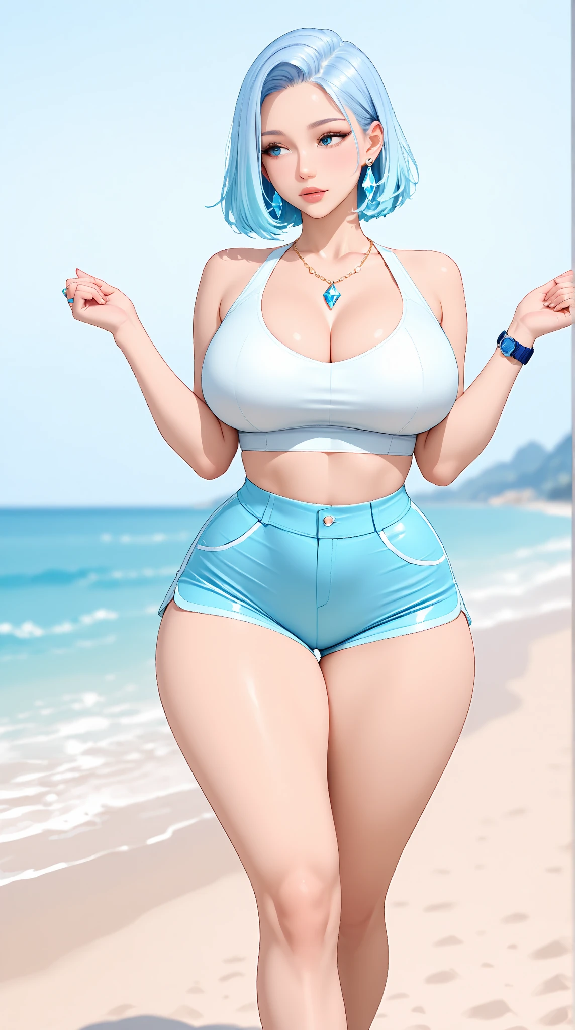 1girl, anime girl, anime, (dark skin), 2d girl, 16y, (fullbody), standing, anime girl, purple eyes, ((red lips, blowing kiss to viewer, heart, one eye closed)), (white hair), ((nipleless white bra, areolae, areola, areola exposed)), Solo, Slim, large breasts, big , big Breasts, sfw, Tight Shorts, low waist shorts, upshorts, The night school background, stars in the sky, looking at viewer, darker shadows, (((explicit))), (((shorts))), (((absurdres))), (((thigh gap))), cameltoe, (((cameltoe))), (((cleft of venus))), (((lowleg shorts))),