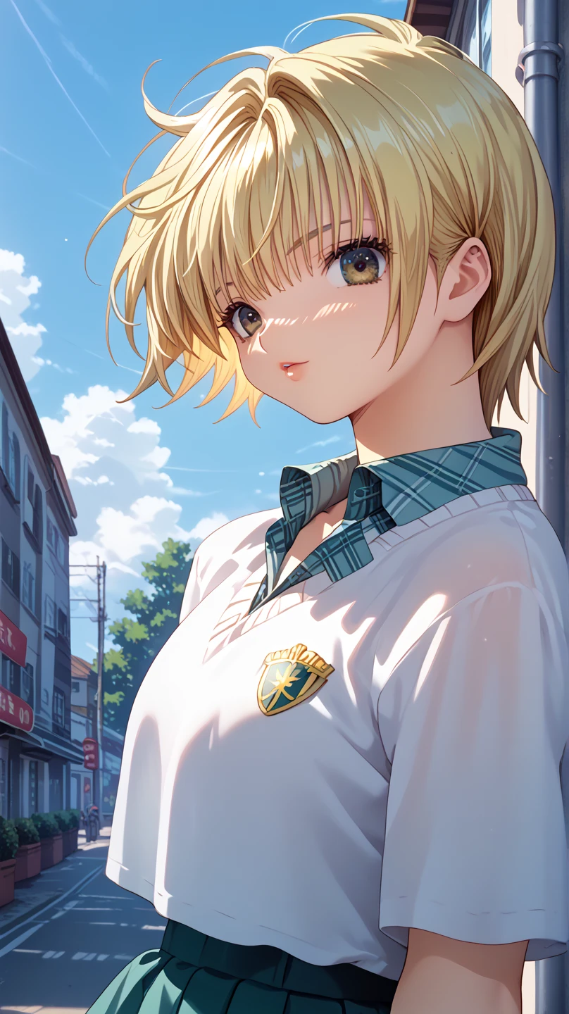 masterpiece、top-quality、Female one、bangss、platinum-blonde、yellow 、yellow blush、breastsout、Y shirt、Throat up shot of the face、Small Bust、
、dress shirts、Eyebrows visible through the hair、Grinning、Bob Hair、Viewer's Perspective、yellow tie ribbon、Akame、student clothes、a blue skirt、A smile、solo、perfect fingars, , blue-sky、flower petals、Fashionable、sano、colourfull、Dynamic、City background lined with skyscrapers