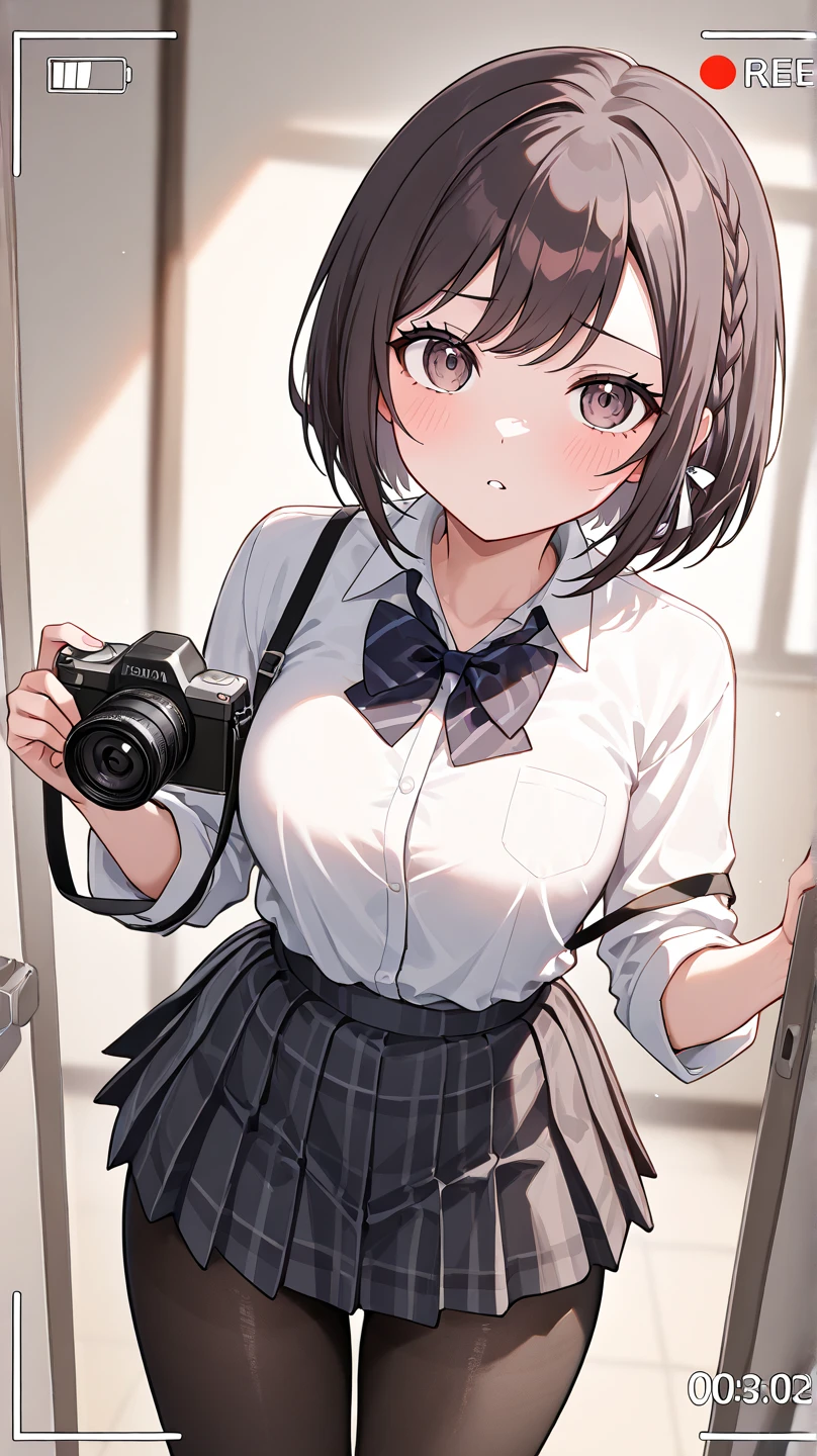  Highest quality, shape, Very detailed, finely, High resolution, 8k wallpaper, 完璧なダイナミックな構shape, Beautiful and exquisite,  Natural Lip, whole body, Navel exposure, front,Nipples、Shyness、Embarrassed expression、Slightly sagging breasts、Bob Cut Hair、University classroom、Pleated skirt、((looking at the camera))、Brown Hair、(((Nipplesはピンク色)))、sweater、(((Thighs)))、Shoulder bag、((The camera shoots from the side))