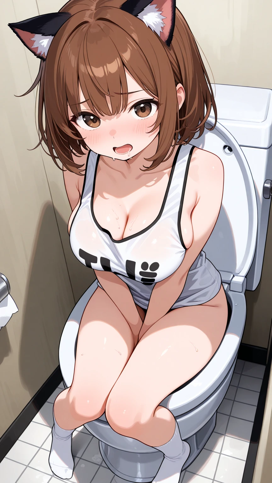 Beautiful girl, short hair, boyish, sexy, big breast, wearing sports bra, shy, hot, pooping in the toilet, embarrassed, angry, big breast, shy expression, tight sports bra, squeezing her breast, cleavage, shy, very mad, dynamic pose, pose, shy pose, angle shot, dynamic shot, sexy, best dynamic shot, angle shot, closed eyes, pooping in the toilet, sweaty, blushing, horny, big thighs , big butt