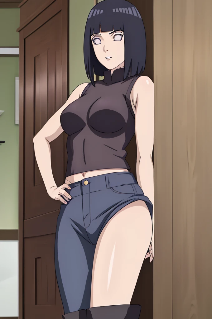 masterpiece, (intricate details), (colorful),cinematic lighting,extremely detailed CG unity 8k wallpaper ,hinata\(boruto\), 1girl,solo, large breasts, (hinata, hyuuga hinata, purple eyes, blunt bangs, black hair) big breasts, perfect breasts, large breasts, round breasts, sexy body, slim waist, nice hips, skinny, nice thighs, black bra, cleavage, bare shoulders, collarbone, underboob, slim waist, red bikini, bikini, swimsuit, small bikini, plain background, cowboy shot, body shot, front shot, full body, white backdrop, perfect eyes, glowing eyes, beautiful eyes, black background, simple background, no background , body shot, hands on hip