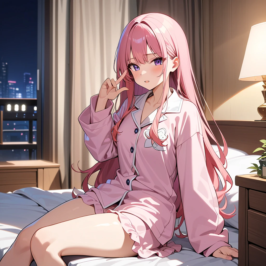 windows,romantic starry sky,Sleeping with both eyes closed,A meteor crosses,T-shirt,Black string underwear,sleeping in bed,night,moonlight,Sleep with your head on the pillow,Sleeping lying on your back in bed,dark room, barefoot break indoors,Bedroom, break (masterpiece:1.2), masterpiece, highest quality, super detailed, ultra high resolution, realistic, 8K, highest quality, masterpiece, best image quality, Super detailed, ultra high resolutionolution, realistic描写, anime, comics, long hair (She is wearing a simple gold hair ornament.), pink hair, purple eyes, 1 girl, alone, Highly detailed art buds, official artwork, shiny skin, shiny skin, professional lighting, slender body shape, Body Gloss, pink cheeks