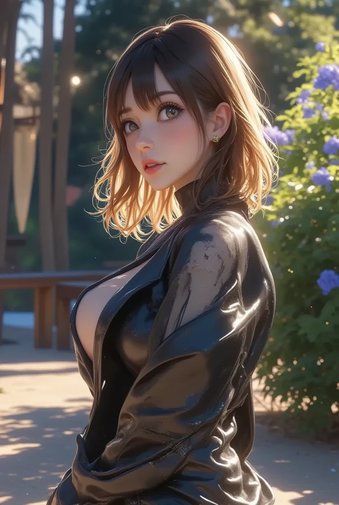 (64k, RAW photo, best quality, masterpiecel1.4), (realistic, photo-realistic:1.37), photo of a Japanese girl in a loose & oversize black jacket, white sheer cami top, Natural(large breasts:1.25), (micro:1.4)short pants, looking away, Seductive Smile, (kpop idol), messy hair, medium hair, (pink blush), (lighting), wood bench, sitting, open legs, spread legs, (solo), dynamic pose, ((erectnipples)), (female pubic-hair), (puffy eyes:1.3), (slim legs), HDR, highly detailed, ambient occlusion, outdoors, natural park, harmonious composition, fine art photography,