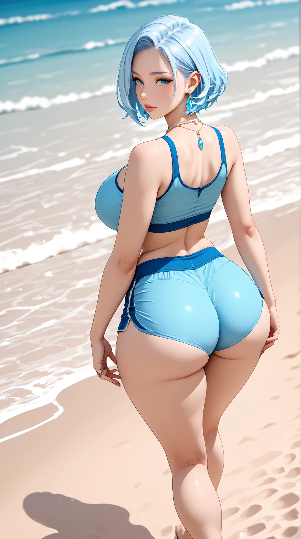 ((best quality)), ((masterpiece)), (detailed), solo, 1girl, perfect, gorgeous woman with blue bikini, blue hair, pigtails, sexy smile, (luscious lips), short, sexy pose, thicc, fake ass, bubble butt, by the beach, from behind, facing viewer
