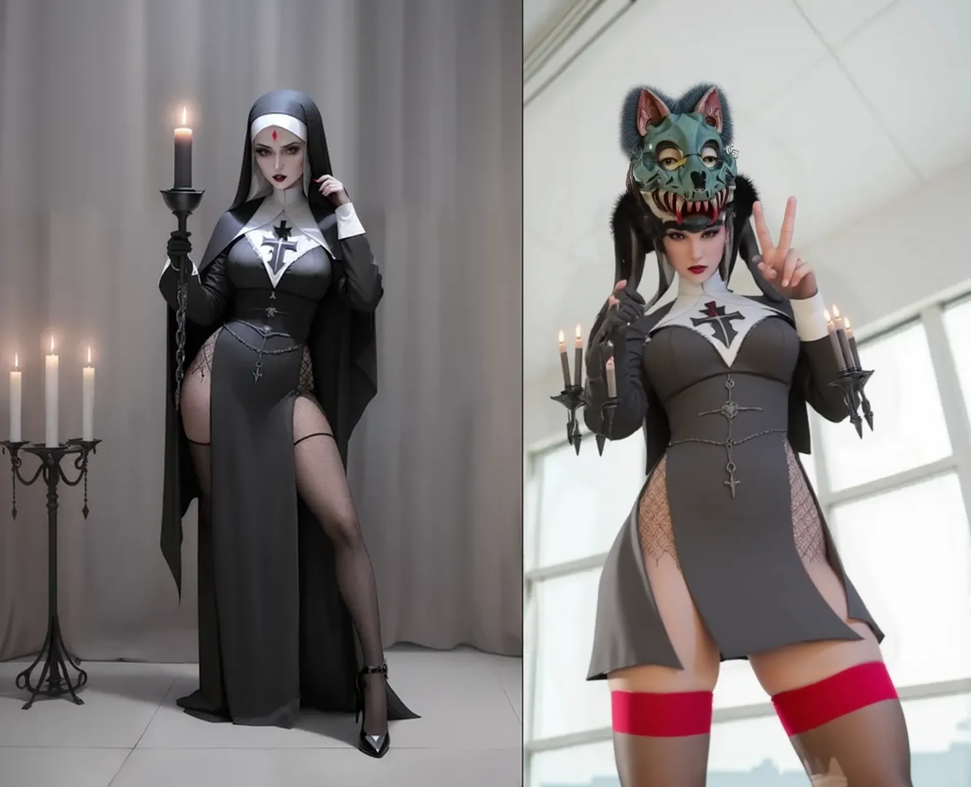 arafed woman in a black and white outfit sitting on a table, nun outfit, sexy girl cosplay, cosplay, with black pigtails, sinister pose, irelia from league of legends, ahegao, black and violet costume, big bust, no bra, detailed eyes, detailed hair, detailed finger, big , realstic