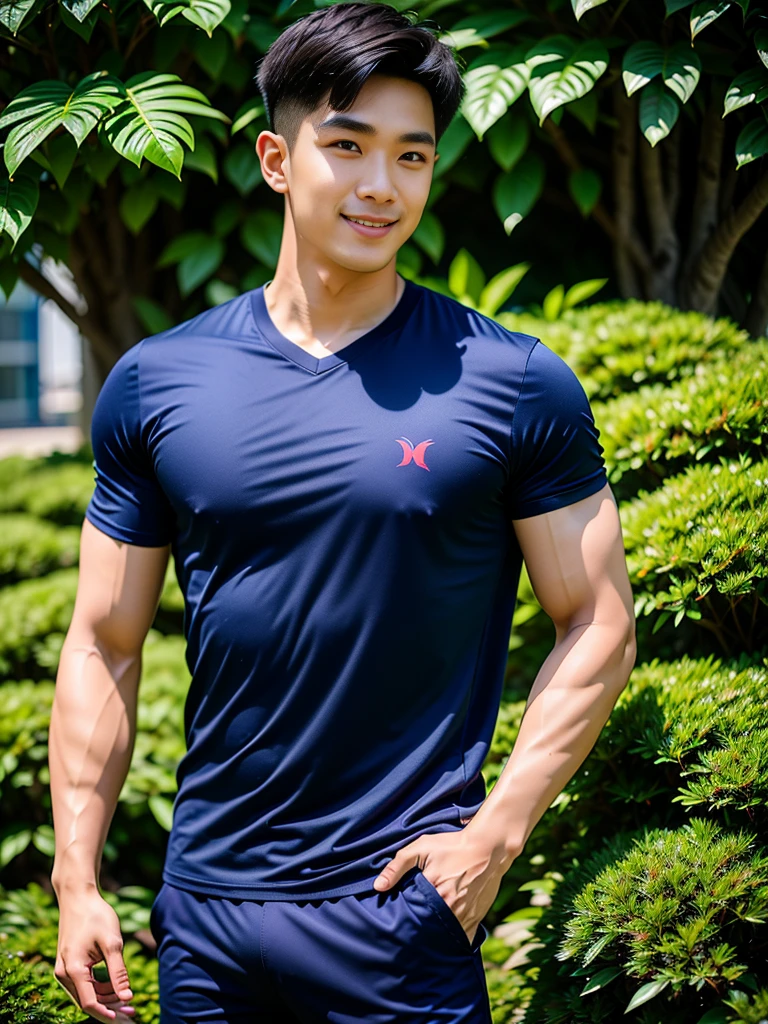 A handsome men ,20 age , Short Hair Hair, korea , Student，(((Wear a navy T-shirt without stripes.....................))),  front-view, smile ,Pectoral muscles, Wide shoulders ,athlete , Upper body (1),  It's raining: 1.3, road: 1.2, body dripping wet: 1.1,