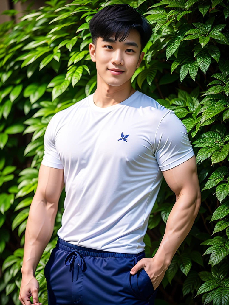1 man, smile, (Wear a short-sleeved sports shirt...), Navy Cargo Pants, Young Korean , Korean Men, (High shadow detail), Pectoral muscles, Big arm muscles, blood vessel, Big muscles, Wide shoulders, looking at the audience, balance eyes, (eye contact), lawn