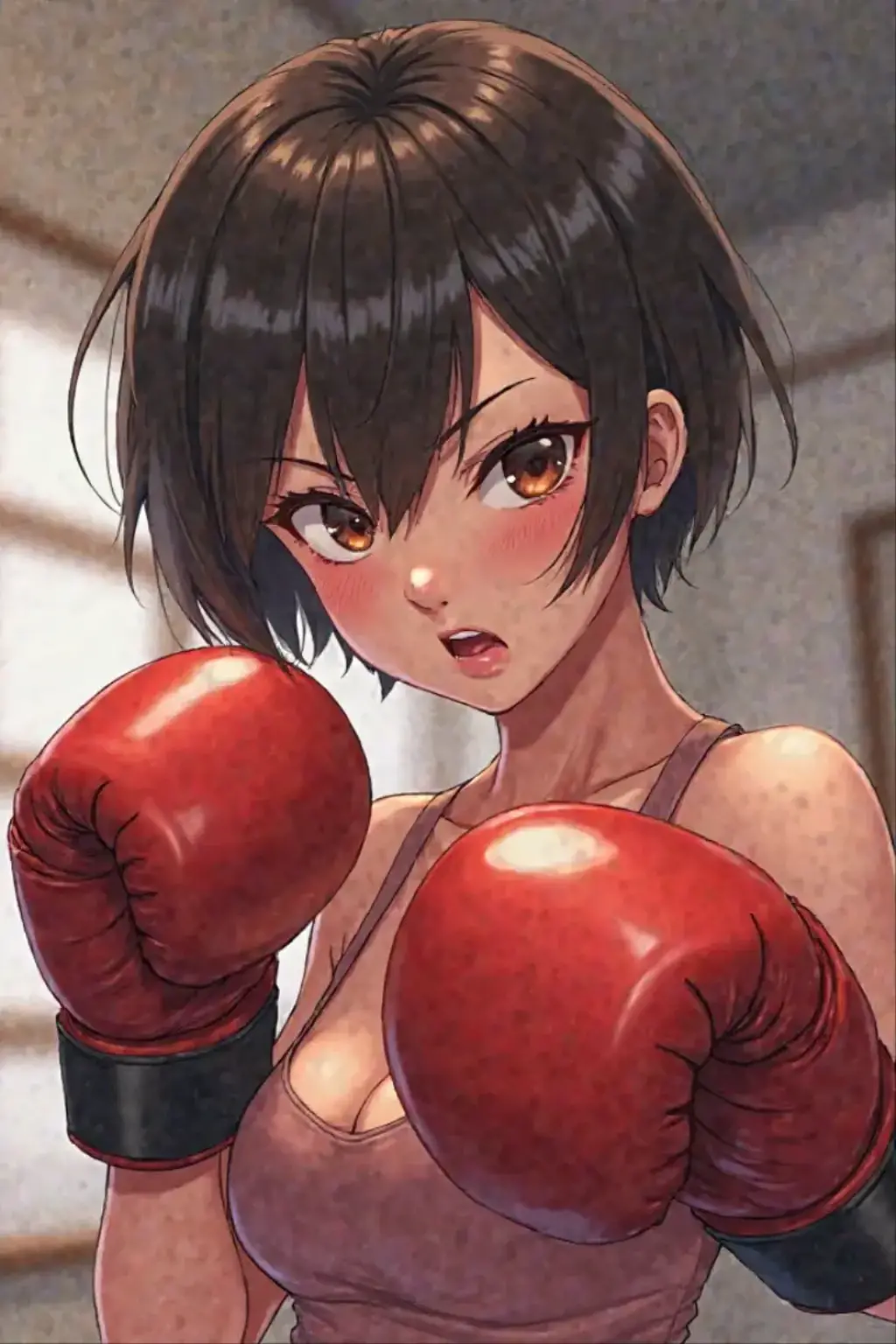 female anime character with short curly hair, dark brown eyes and tattoo in the middle of the neck, and a phrase on the collarbone in graffiti writing, female boxer doing guard in red competition outfit