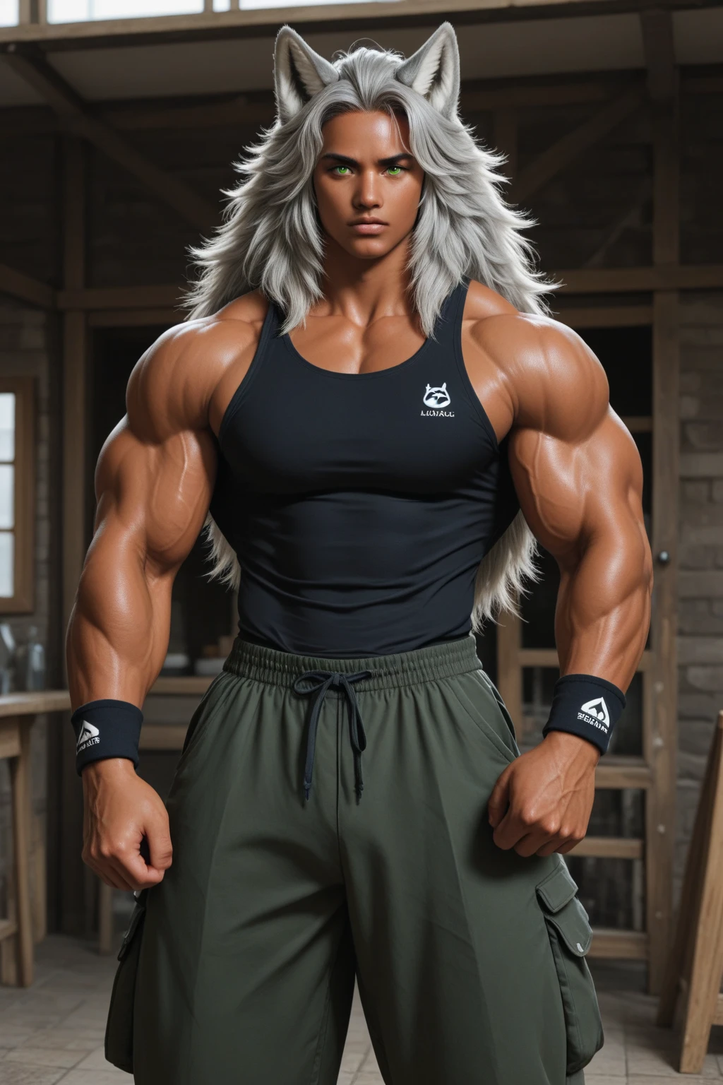 Man, male, young, white hair, cat ears, neko, blue eyes, gym scene , Gym clothes, shorts and tank top , Highlighted eyes