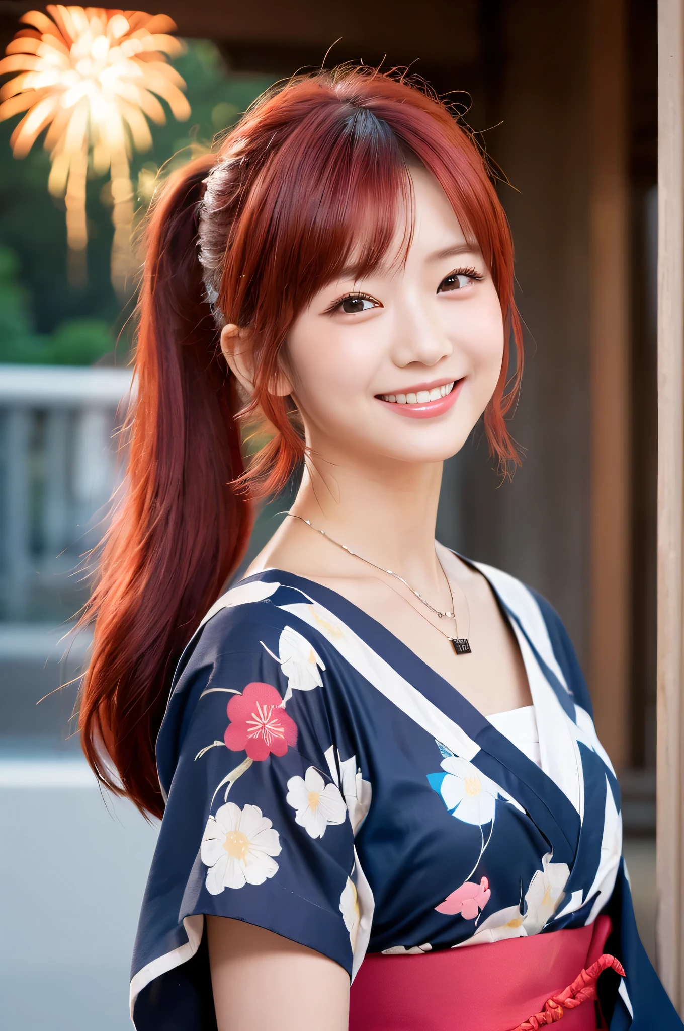 (((top quality、frame in、8k、32K、masterpiece)))、(realistic)、(realistic:1.2)、(high resolution)、very detailed、 very cute face and eyes、1 、round face、tight waist、Delicate Body、(close、top quality、attention to detail、rich skin details)、(top quality、8k、Oil:1.2)、(realistic、realistic:1.37)、bright color、(((I have Red hair)))、(((Upper Body Shot)))、(((short hair)))、(((cute smile)))、((( Red hair )))、(((It's a yukata.)))、(((I'm wearing a pink yukata)))、((( I'm touching my hair)))、(((it's a girly hairstyle)))、((( I'm wearing a fireworks pattern yukata )))、(((Musical note shaped necklace )))、(((私はshort hairです)))、(((side ponytail hair)))、((( smiling happily)))、the background is a white wall、(((I'm unfolding the fan)))