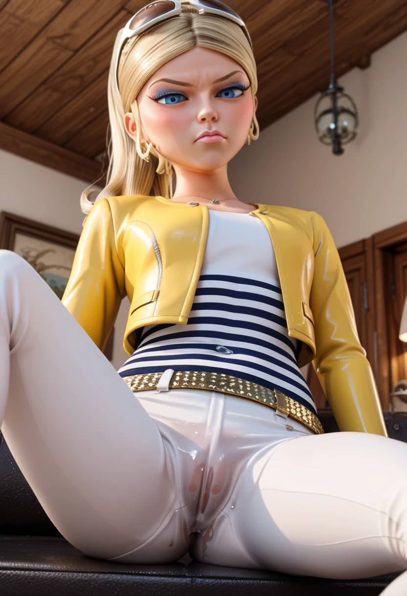 (8k, RAW photo, best quality, masterpiece:1.2), (intricate details), highres, perfect eyes, perfect face, perfect lighting, beautiful, (masterpiece:1.2), (best quality:1.2), 1girl, solo, chloe, 3d cartoon character, blue eyes, blonde, sitting on sofa, nude body, naked, spread legs, pussy, pussy juice, pissing, shy, saliva, ass
