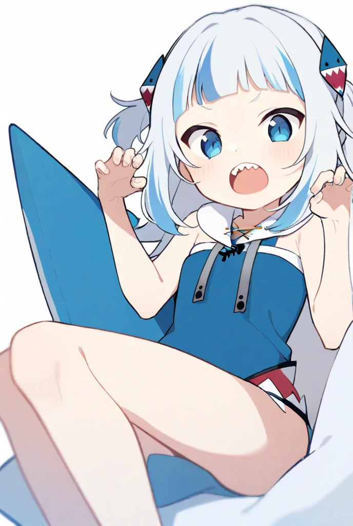 (muste piece), (best quality), (score_9, score_8_up, score_7_up), very detailed eyes, expressive eyes, perfect face, very detailed face, highly detailed face, beautiful girl, 8K, beautiful girl, white background, delicate and beautiful face and eyes, dark intense shadow,
1 girl, vtuber style, cool girl, hololive, Gawr Gura, short hair, shark tail, mini bikini, front-tie bikini top, soaked T-shirt, small chest, cropped shoulders, clavicle, cameltoe, wet body, wet hair, one eye close winking, smile, body visible through clothes, chest visible through clothes, ass visible through thighs, (full body), barefoot, naked thighs, sitting, open legs wide, from below, pov crotch,