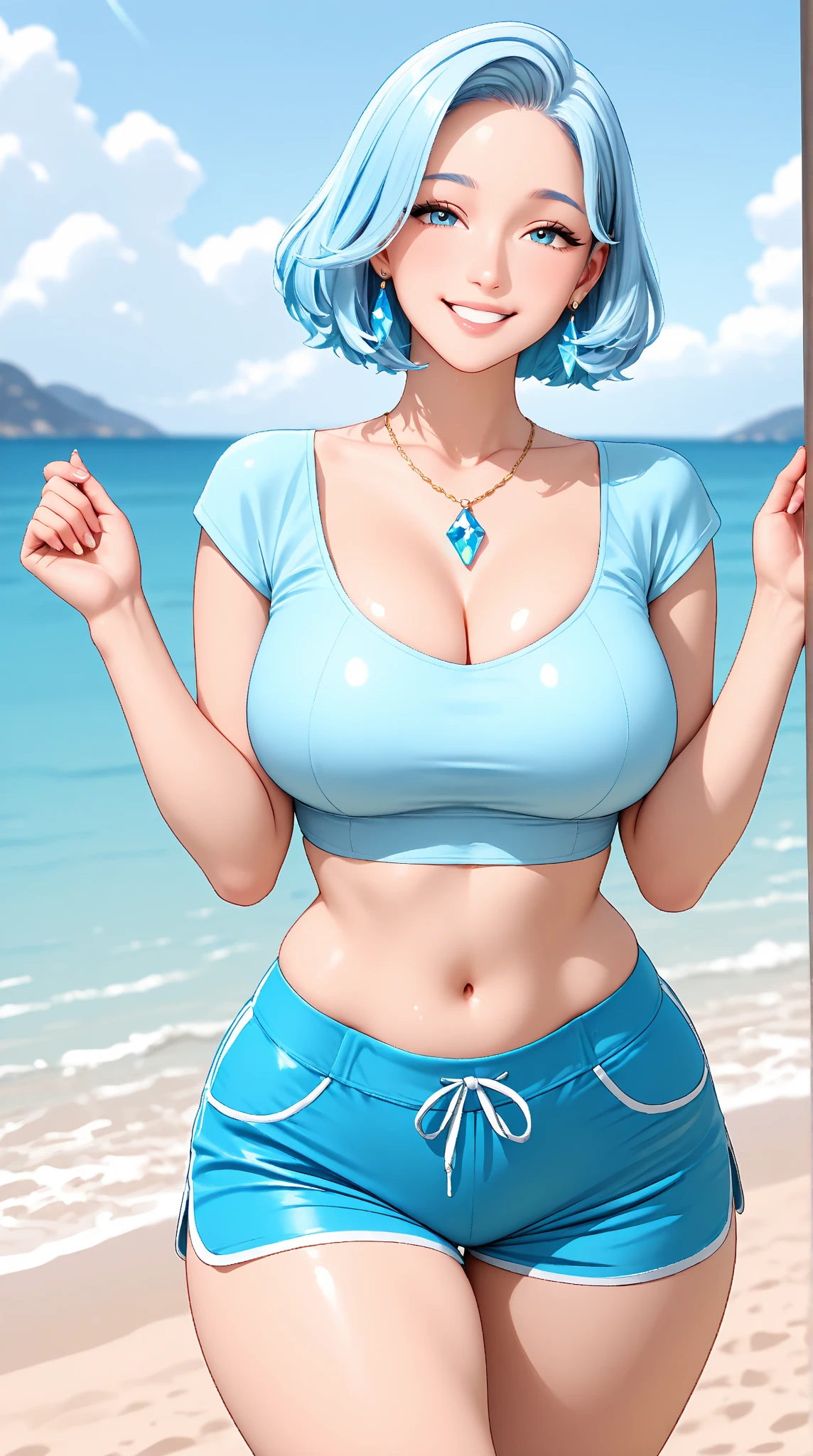 ((vintage comic style)), 1girl, beautiful woman in bad mood,((frowning)), (open mouth in anger), cyan hair, ((bob cut hairstyle with bangs)), large blue eyes, ((blushing face)), busty, ((tight blue strapless t-shirt)), crossed arms, (white shorts pants), cameltoe, masterpiece, best quality, 4k definition, ((beach background))