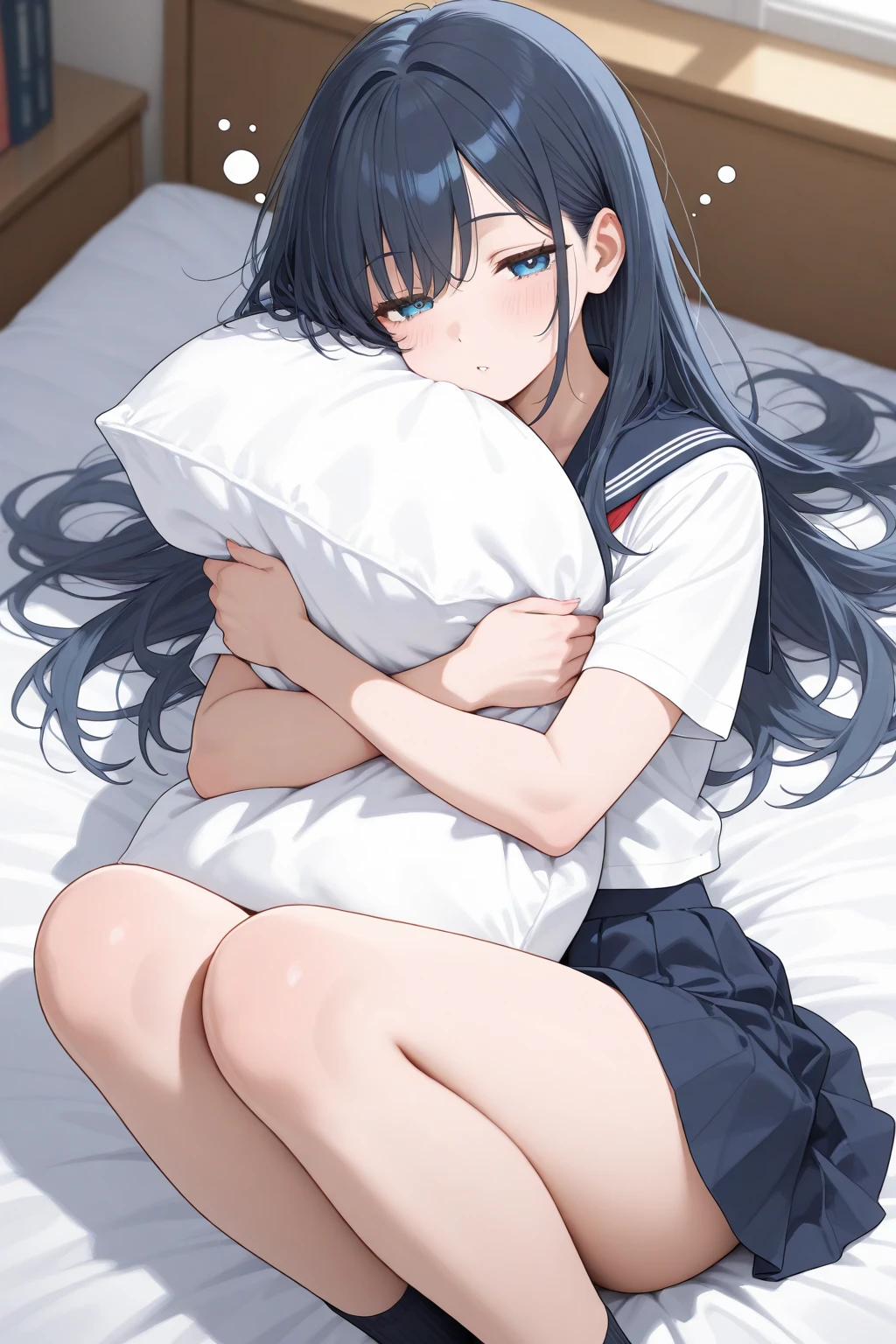 (masterpiece, Highest quality:1.5), (Super detailed, High resolution, 8K, Beautiful details, 超High resolution, Best Anatomy), Black Hair, Small breasts, 1 female, 20-year-old, barefoot, Bedroom, night, Shorts, Short sleeve T-shirt, close your eyes, Put your head on the pillow, Lying in bed, Side angle