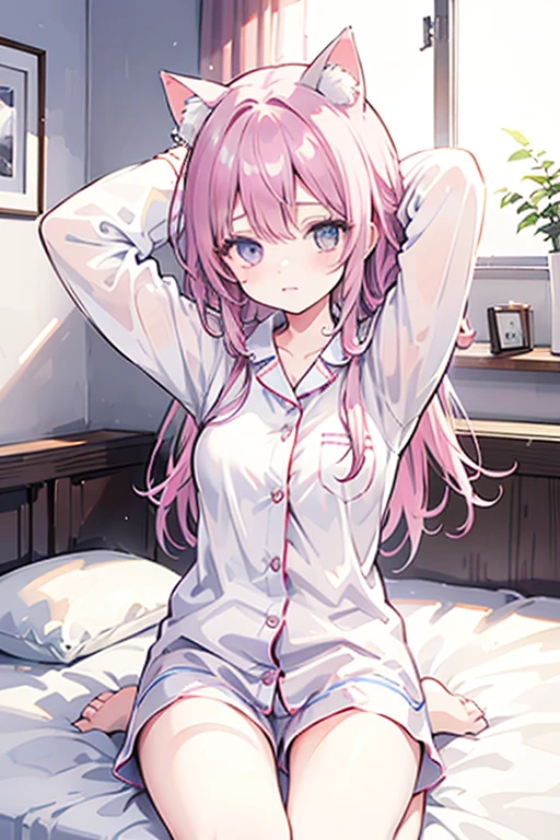 Highest image quality,top quality,1girl,20 years old,long hair,pink hair,fake animal ears,pajamas,stand,sunset,on sofa