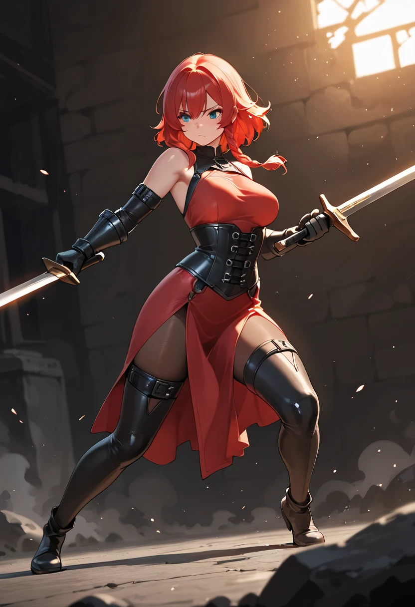 nsfw,,,,(sara valestein),(sen12),1girl, large breasts,choker, belt, yellow eyes, red hair,((high heel boots, Knee-high boots)),