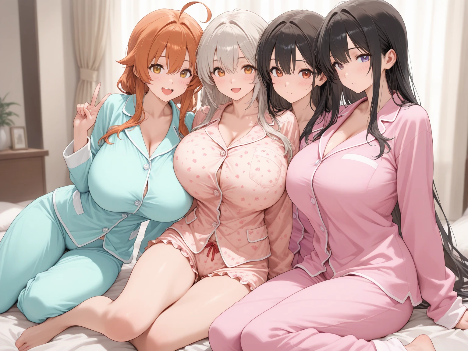 multiple thick body large breast females wearing long floral pattern lace dress open center show panties lying on bed side by side on yoga mats in onsen, females spread legs wide open, nsfw