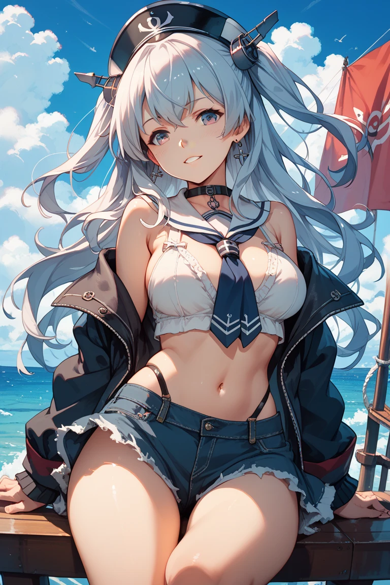 masterpiece, best quality, shirakami_fubuki, shirakami_fubuki_(7th_costume), 1girl, ahoge, animal_ears, bikini, black_jacket, blue_bikini, blue_eyes, blue_sky, blush, braid, breasts, cleavage, cloud, fox_ears, fox_girl, fox_tail, grey_hair, jacket, large_breasts, looking_at_viewer, medium_hair, navel, official_alternate_costume, open_clothes, open_jacket, open_mouth, single_braid, sky, smile, striped_bikini, striped_clothes, swimsuit, tail, virtual_youtuber, water