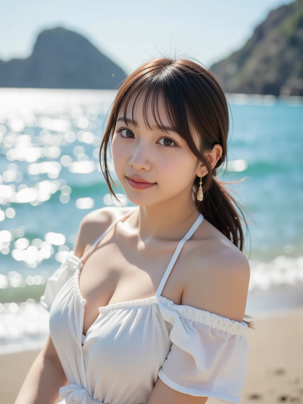 (masterpiece:1.5), (best quality:1.5), (ultra detailed:1.5), (detailed beautiful face and eyes:1.5), background of Beach, (learning forward:1.4), (looking up:1.4), from above, 1girl, smile, brown long hair, (Skirt-style-bikini:1.3),