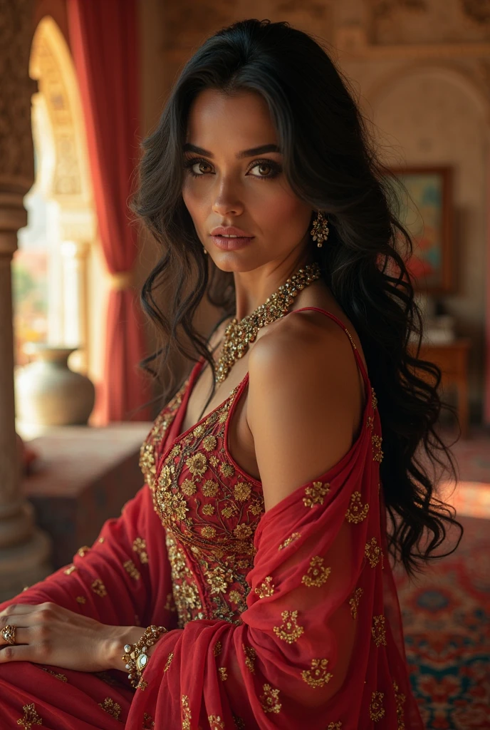 Young Indian woman, on bra open breast and saree, ancient palace, night, detailed body, detailed face, ultra realistic, charming, cute, long curly hair, perfect fingers, ambient lighting, winter, detailed background, 8k, sexy, showing armpits hot figure realistic full details