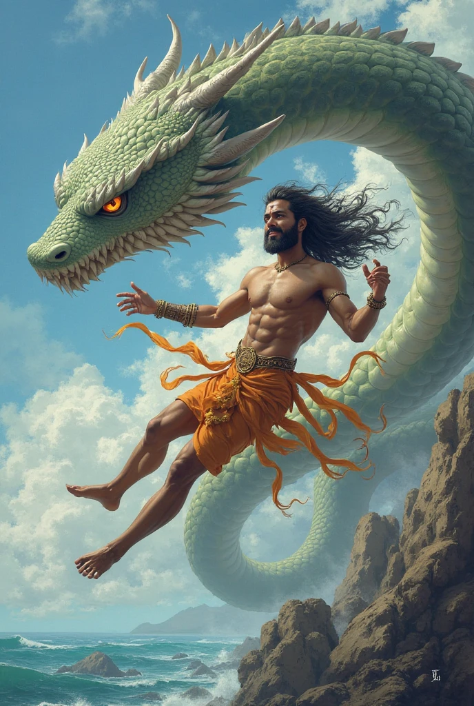 a man and a dragon behind him