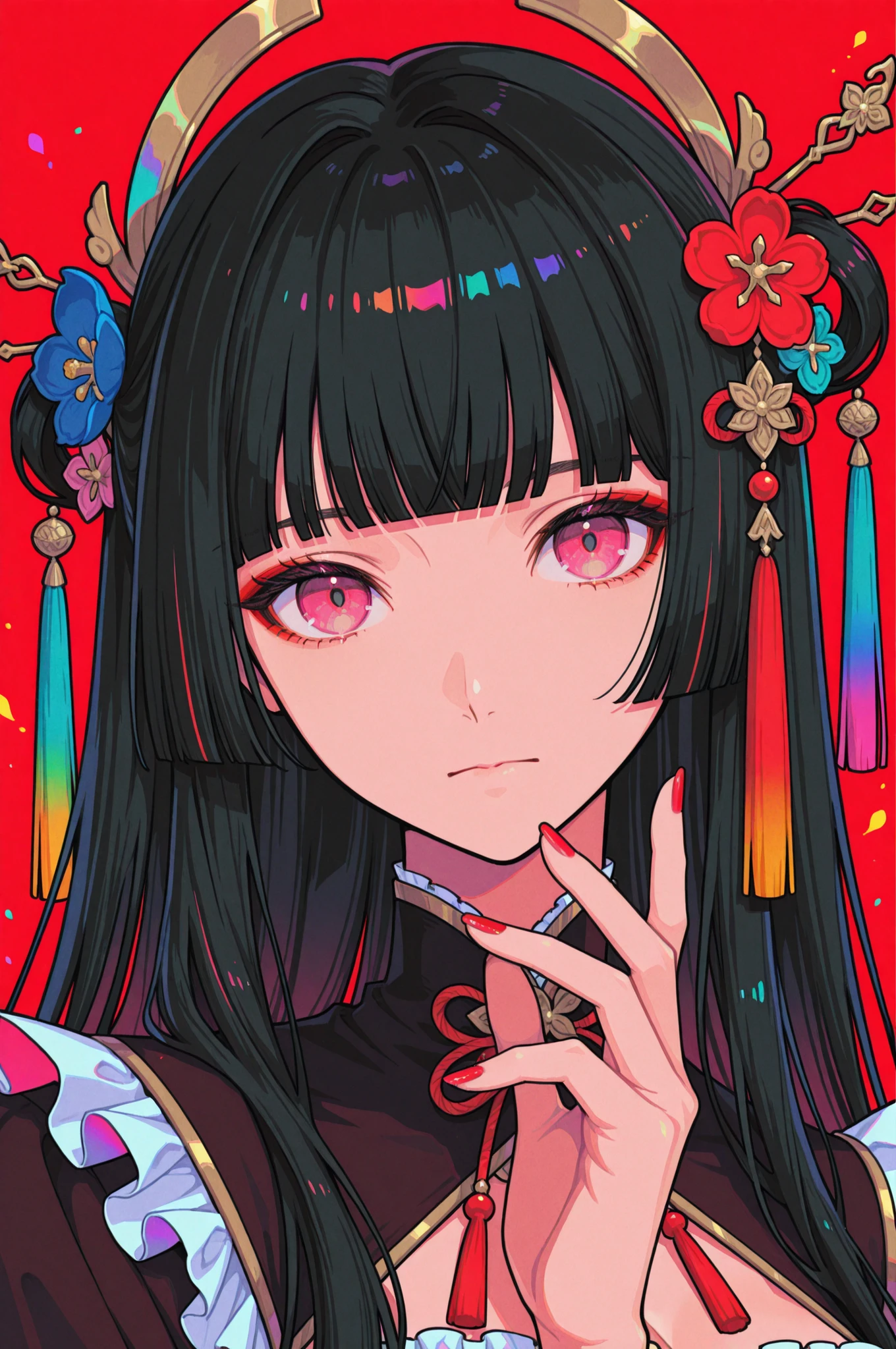 
woman, solo, red nails, looking at viewer, bangs, pink eyes, long hair, black hair, hair ornament, hand up, flower, blunt bangs, closed mouth, tassel, ribbon, portrait, colorful, red background, frills, multicolored hair, upper body,