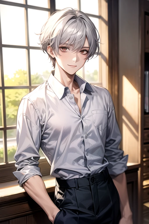 masterpiece,highres,highly detailed,male focus,1boy,solo,red eyes,grey hair,smile