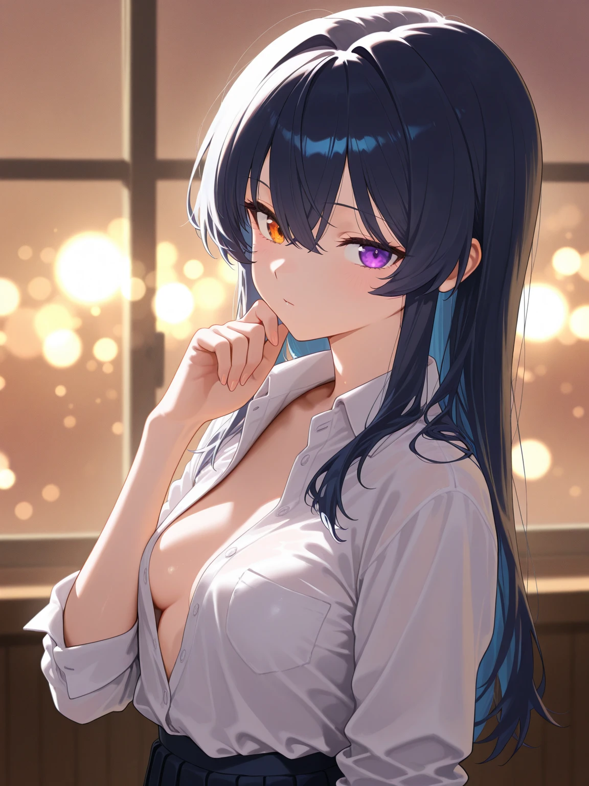 (masterpiece, top-quality:1.5, a high chroma:1.5, ultra-detailliert, high-resolution illustrations:1.5, Ultra-high-definition CG, 8k size wallpaper, offcial art), (naked body, large breasts, pussy, nipples, nude shoulders, pale skin), large chest, light smile, heterochromia (((left blue eye, right red eye))), dark blue hair, ponytail hair, Cowboy Shot, girl, Colorful, masterpiece, classroom