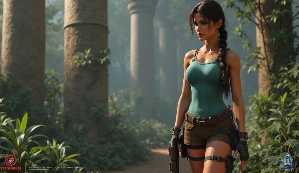 Lara Croft stands on an ancient stone pathway overlooking a breathtaking, lush jungle valley. In the distance, tall, weathered temples rise from the dense greenery, their stone structures partially covered in vines and moss. A cascading waterfall can be seen flowing into a serene pool, surrounded by the vibrant foliage of tropical plants and trees. The sky above is clear, allowing rays of sunlight to pierce through, illuminating the mist that hangs in the air. Nearby, there is a small village with thatched-roof huts and people engaged in various activities, suggesting a thriving, secluded community. The adventurer, dressed in practical, survival gear with a bow slung over their shoulder, gazes at the majestic scenery, ready for the next challenge that lies ahead. DLSR, sharp focus, soft lighting, masterpiece, perfect face, ultra detailed face, perfect brown eyes, beautiful face, photorealistic, 8k, masterpiece, Lara is wearing a grey shirt and dark pants