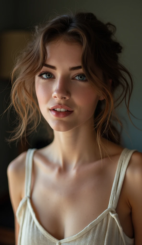 (((ultra realistic))) Photo, masterpiece, top quality, (pale skin), (Ultra detailed face and eyes:1.3), 1 girl, Adult, in a T-shirt, full body, (Eye makeup, mascara) , ((large detailed lips)), ((ash wavy hair)), ((Chyolka)) , (Natural breasts), Slim waist. ((Posing)), photoshoot, studio (soft lighting), (The play of light and shadows), depth of field, bokeh, (special attention to skin detail: 1.2), Detailed leather texture, skin pores. (Airy atmosphere of the frame. Color range - delicate, Bright, white, Pink tones), UDR, ((Film grain)), ((rays)), ((glare of the sun)), ((waist up portrait, close to the camera)) , ultra detialed,