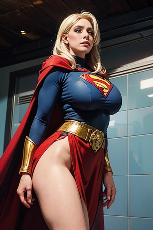 The character Supergirl, perfect blue and red costume with the traditional "S" in the chest, red cape, shiny little blue eyes, extremely beautiful, blonde, long hair, beautiful smile, full lips, perfect anatomy and extremely beautiful face, hyperrealistic face, slim and slender body, busty, big boobs, perky tits, turgid breasts, fake tits, bubble booty, very short skirt showing her sexy panties, deep cleavage