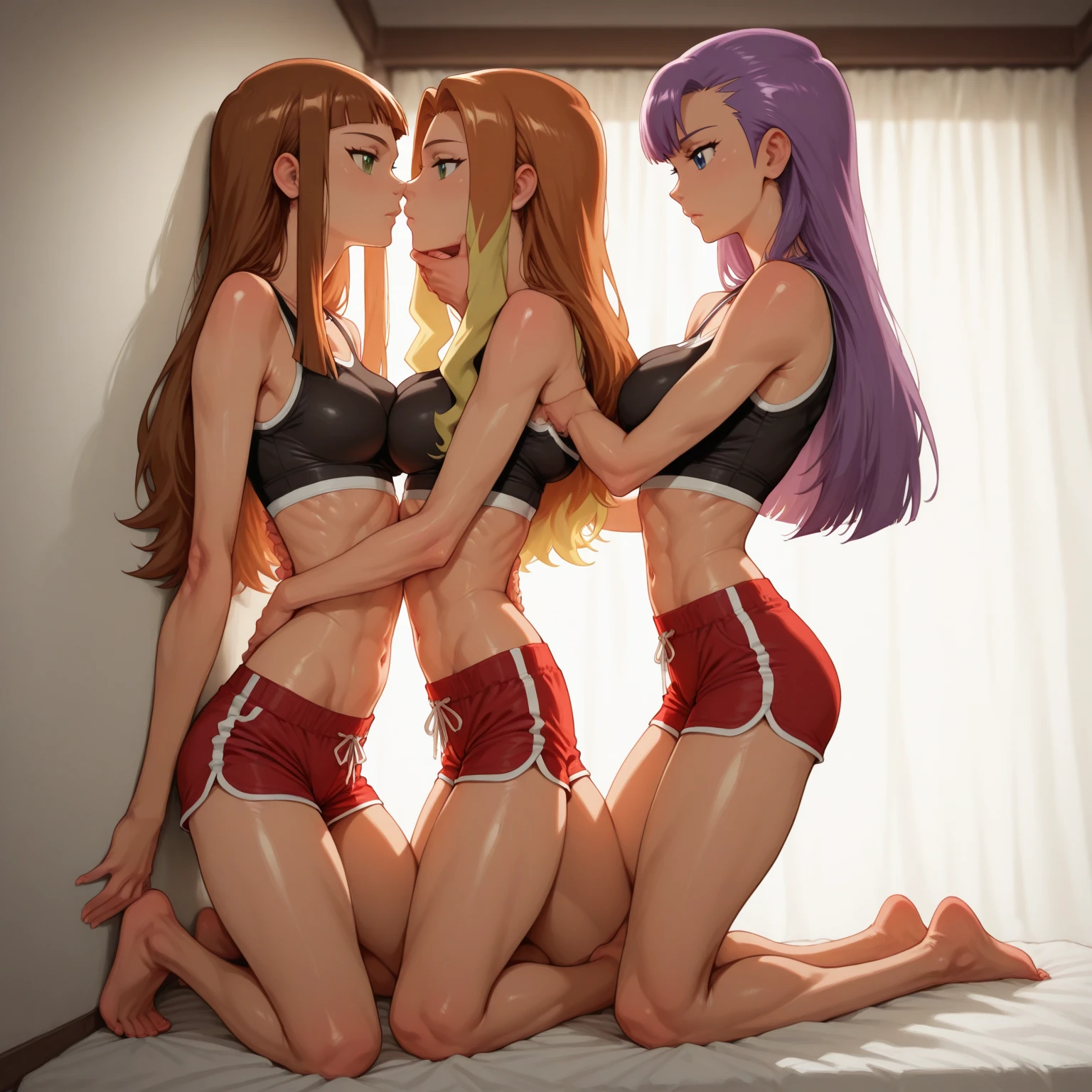 (((2 girl))), (average tits))), (((2 naked girl))), (long pink hair), (((blue eyes))), thin arms, (in a motel room full of desires for ), (thin waist), muscular legs, muscular ass, bare feet, {{{Milim Nava de tensei shitara slime kissing and making out and having sex on the bed all wet}}}, (full body photo), (Double Tails), Long Eyes, eye flare, moodiness, anime, anime style, ray tracing, shine, drop shadow, panorama, Sony FE, 8k, UDisk, master piece, accurate, anatomically correct, Super Detail, best quality, ultra high resolution, Udisk, 16k