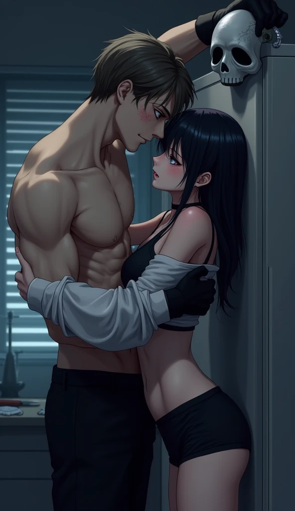 Japanese anime girl with big breasts big buttocks wide hips tattoos all over her body wearing black gloves she is mating with a handsome young boy. She is rubbing her buttocks on the boy's penis